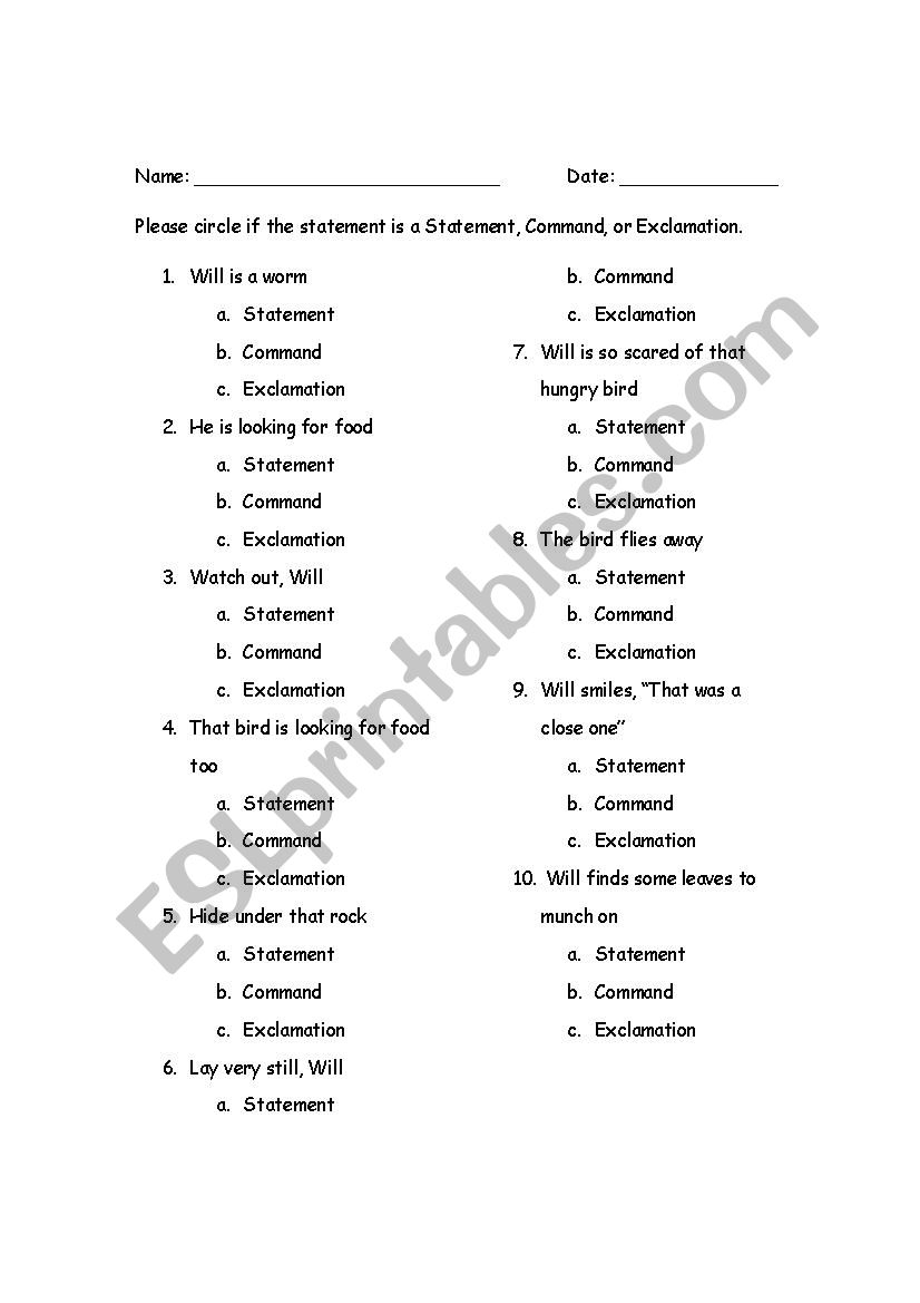 Types of Sentences: Command, Exclamation, Statement