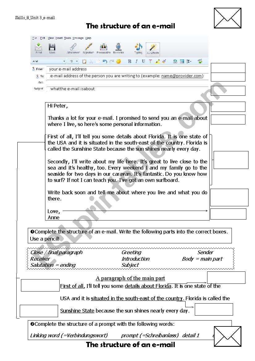 Parts of an e-mail worksheet