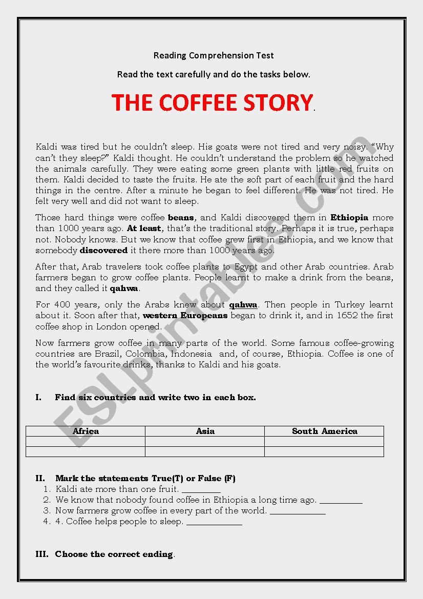 Coffee story worksheet