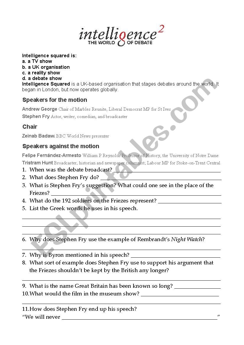 Stephen Fry about the friezes worksheet