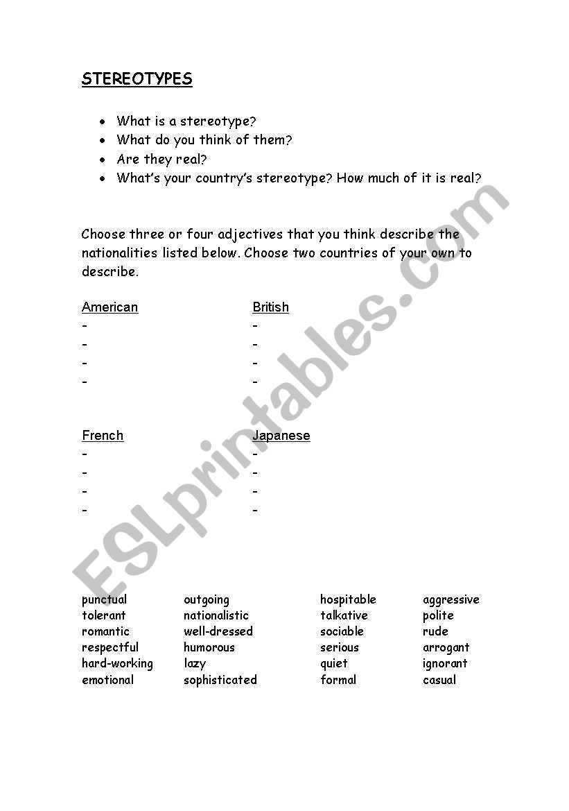 Stereotypes worksheet