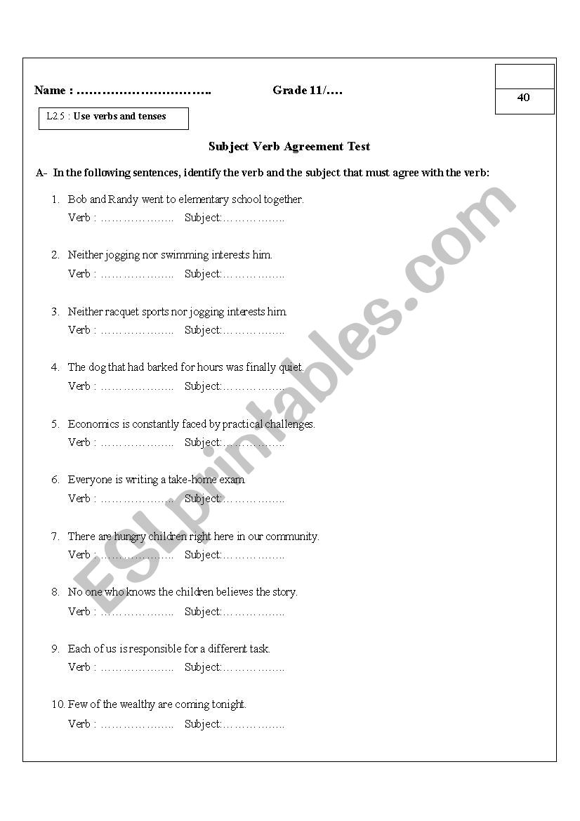 subject verb agreement quiz worksheet