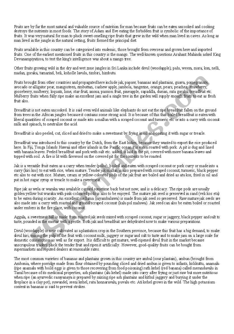 Fruites description with task worksheet