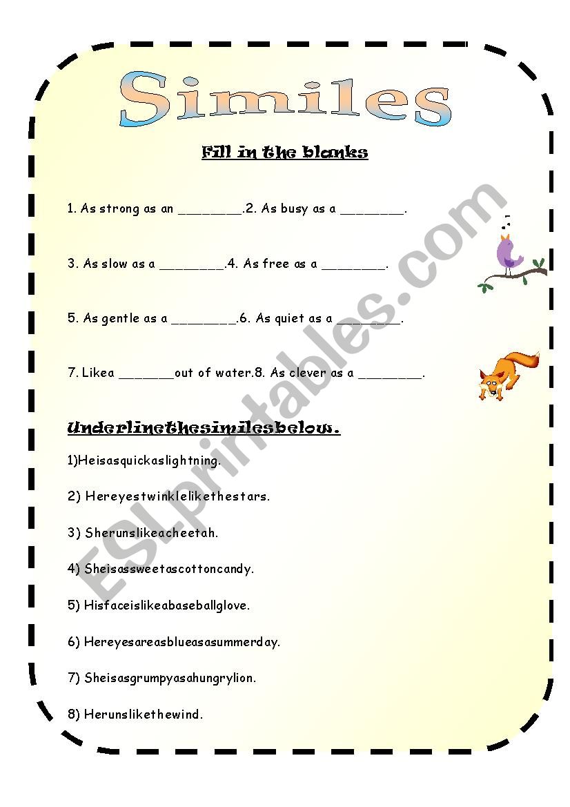 Similes worksheet