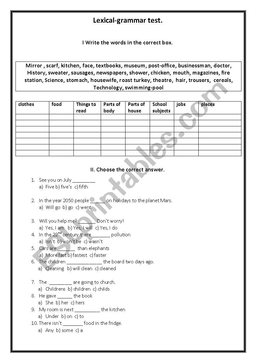 Lexical-grammar test worksheet