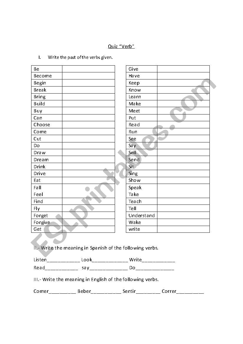 Quiz Verbs worksheet