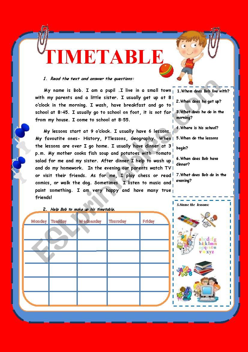 Timetable worksheet