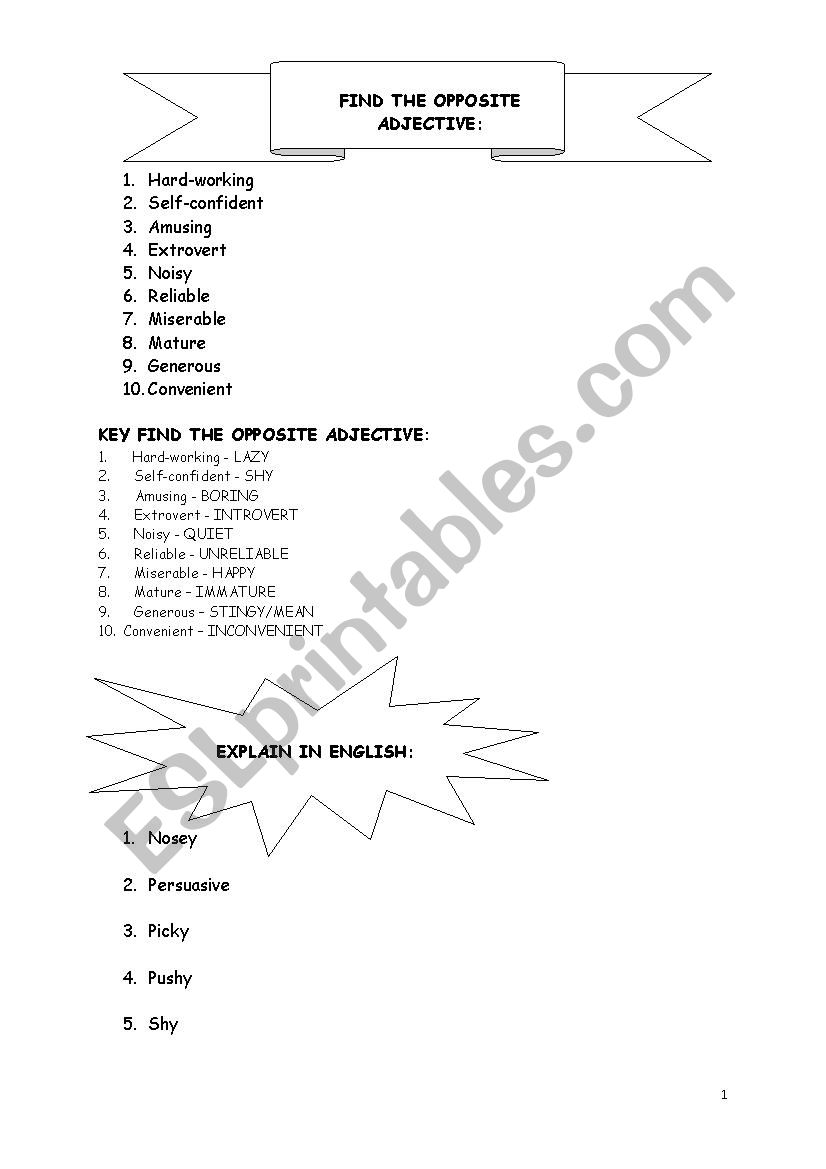 PERSONALITY ADJECTIVES WITH KEY