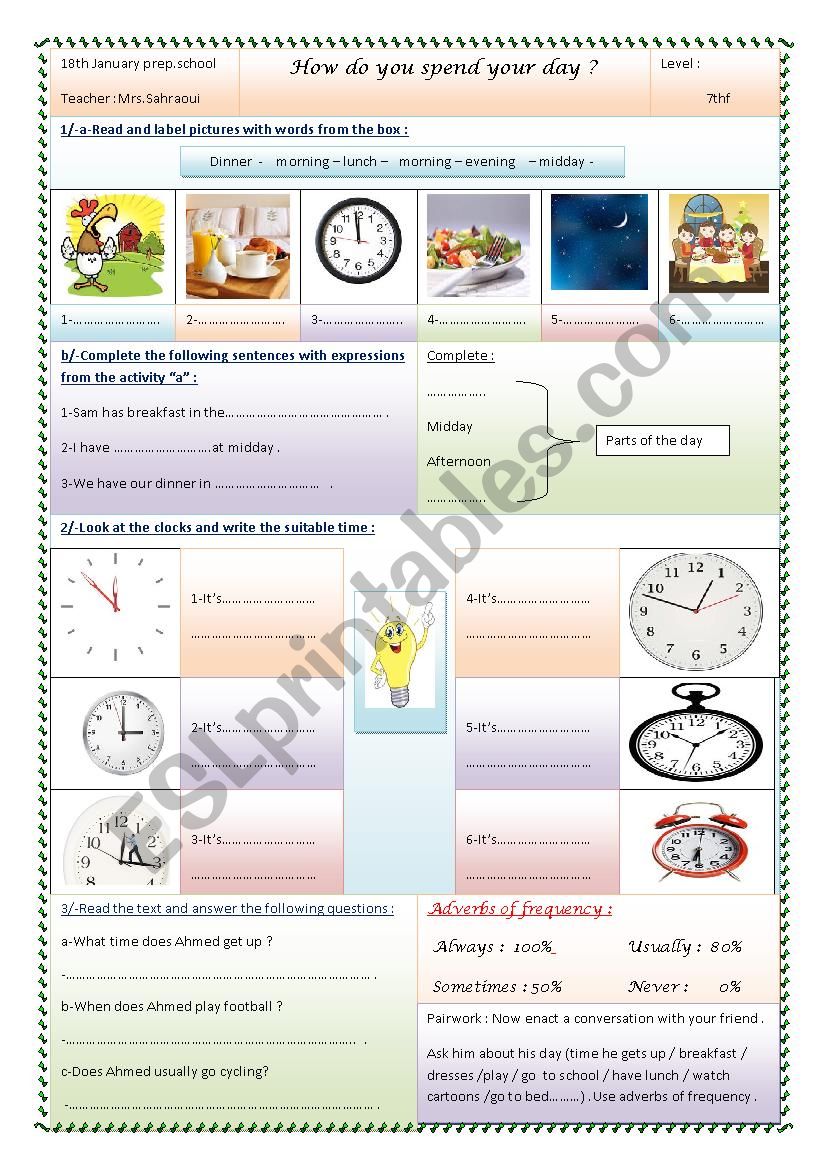 daily routine 7th f worksheet