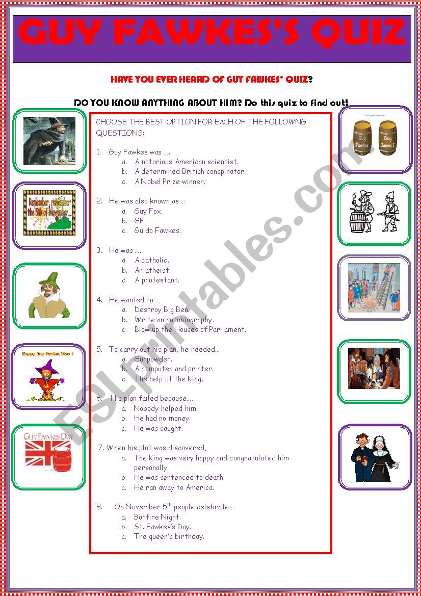 GUY FAWKES QUIZ for teens worksheet