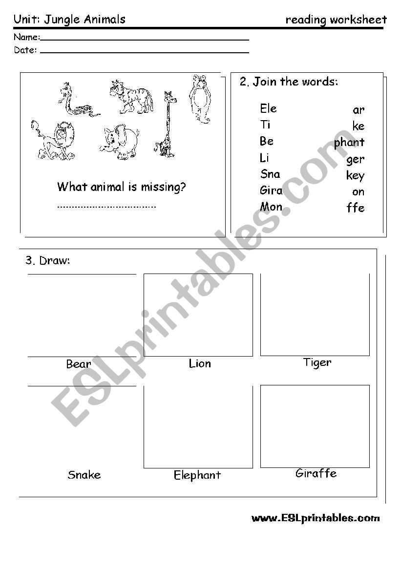 Jungle animals: reading worksheet
