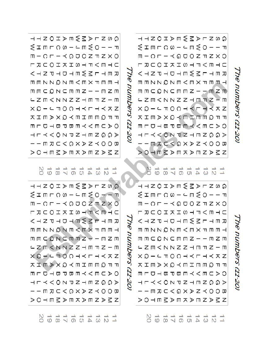 Word search numbers 11-20 worksheet