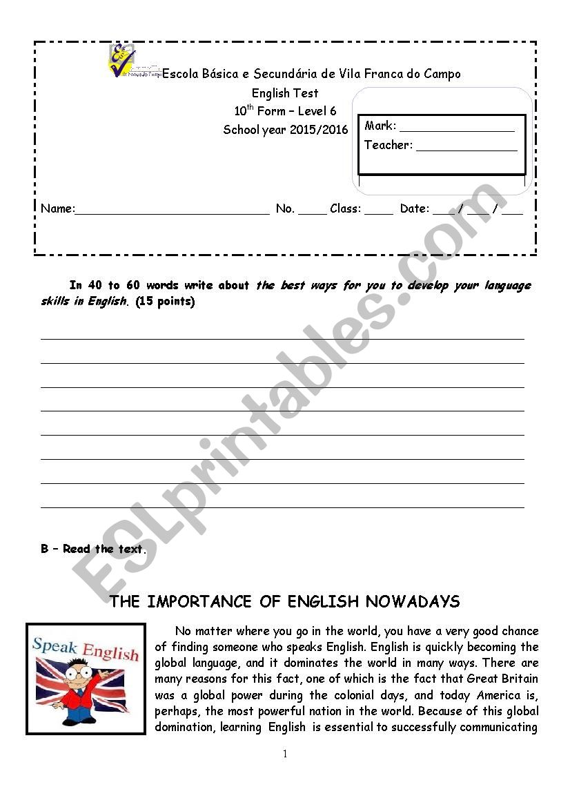 The importance of English - 10th form test