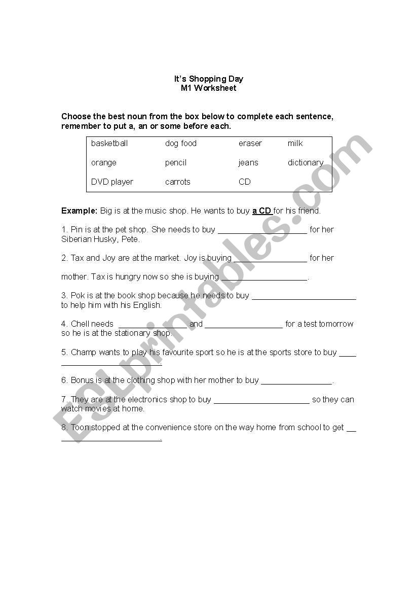 Shopping worksheet