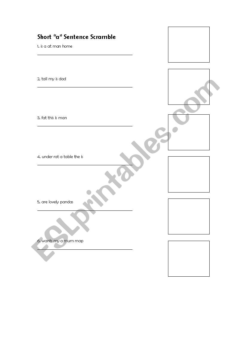 Short A Sentence Scramble worksheet