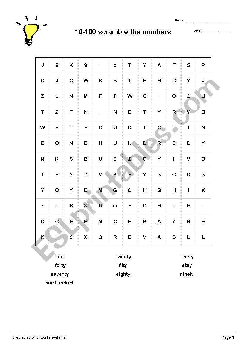 Numbers Word Search worksheet