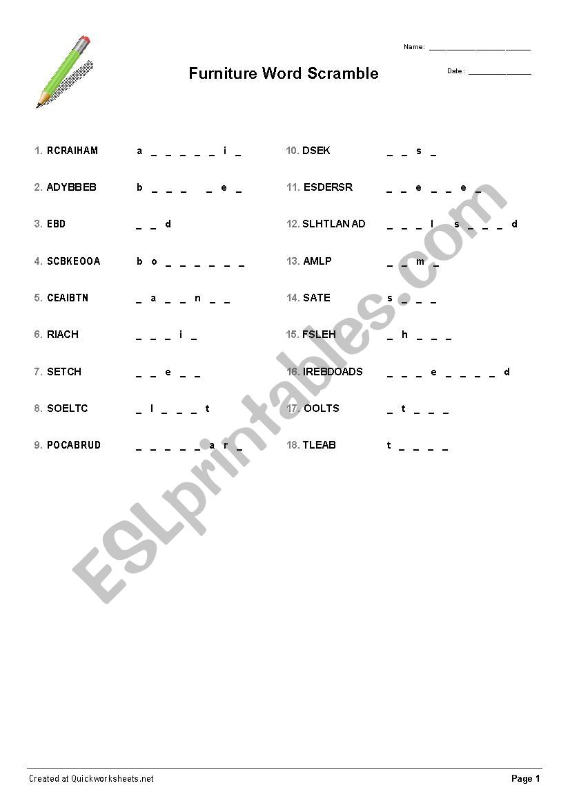 Furniture Word Scramble worksheet