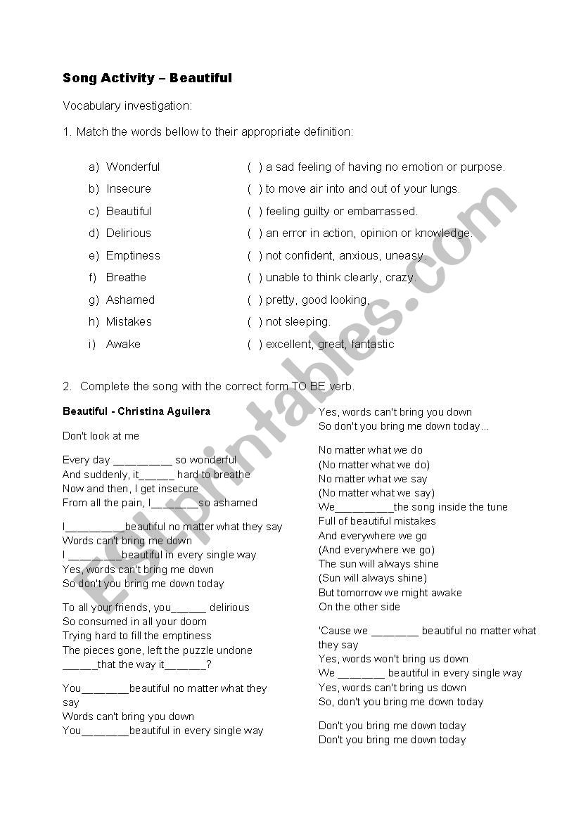 Song activity worksheet