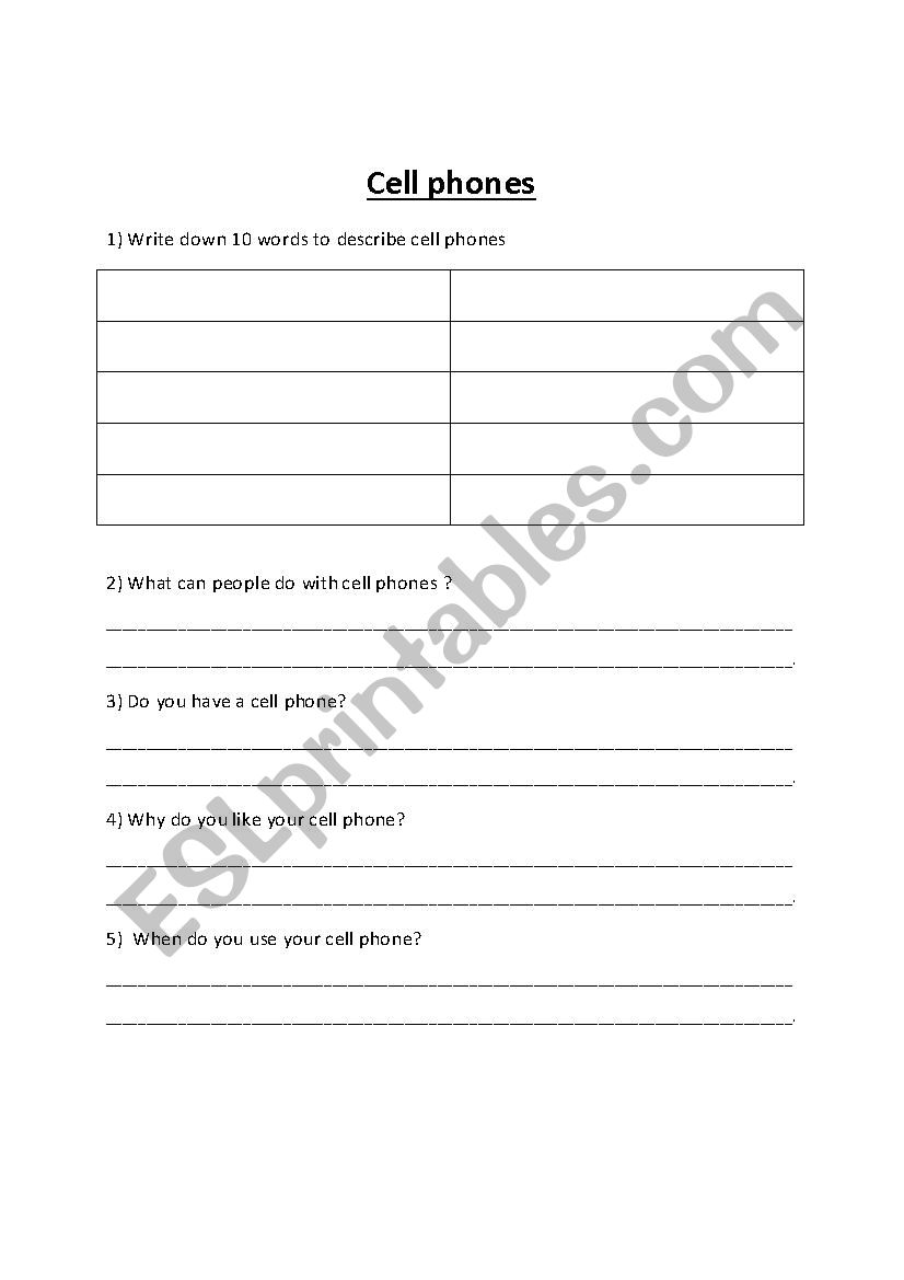 Cell Phones worksheet