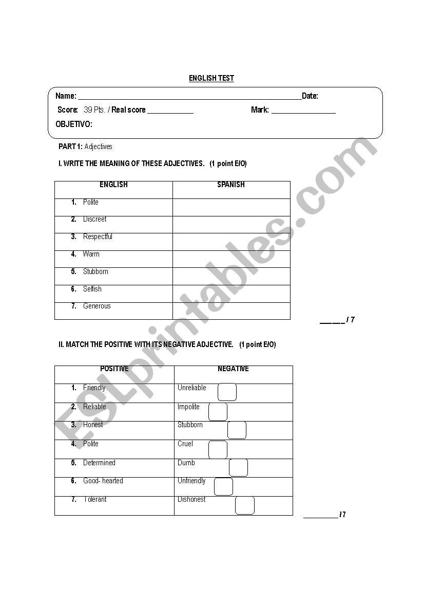 Test about adjectives  worksheet