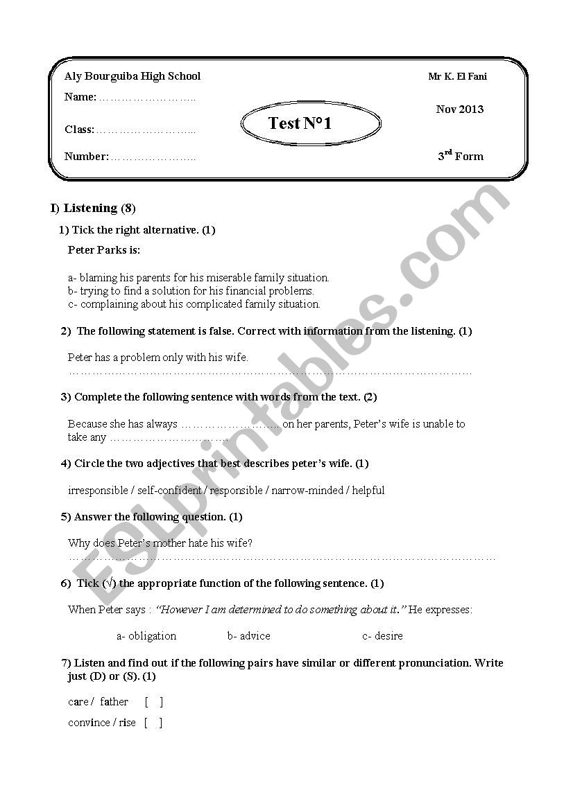 mid-term Test N1 3rd Form worksheet