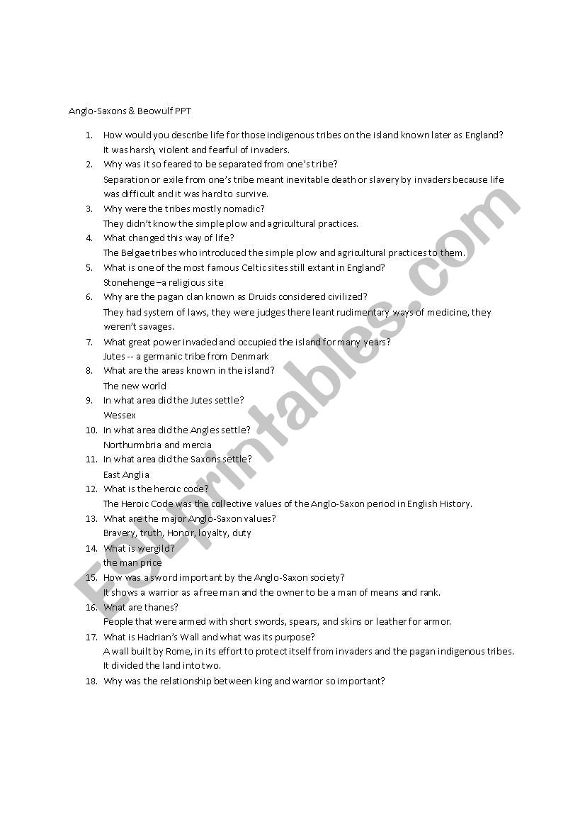 Anglo saxon  worksheet