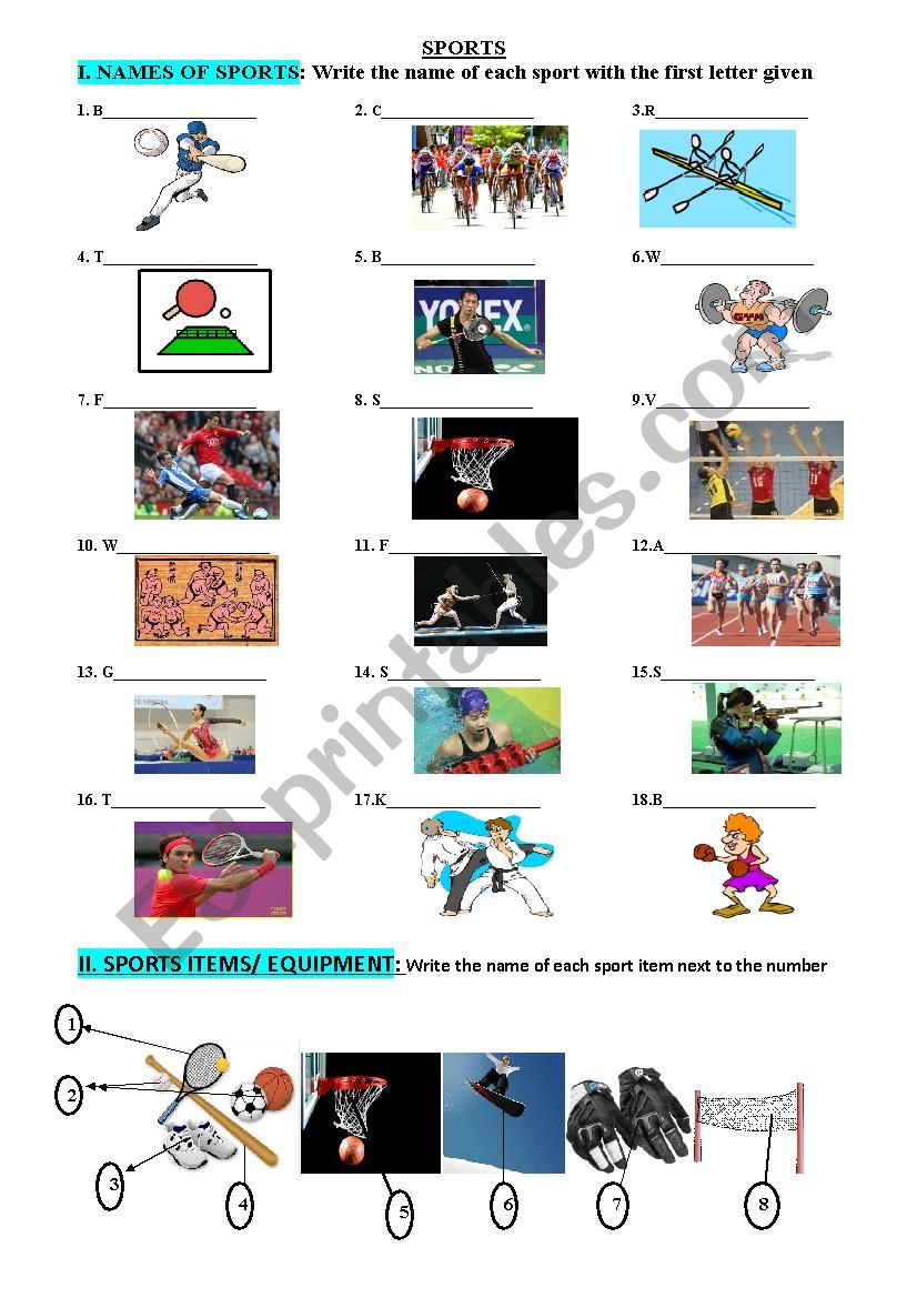 Sports and sport equipment worksheet