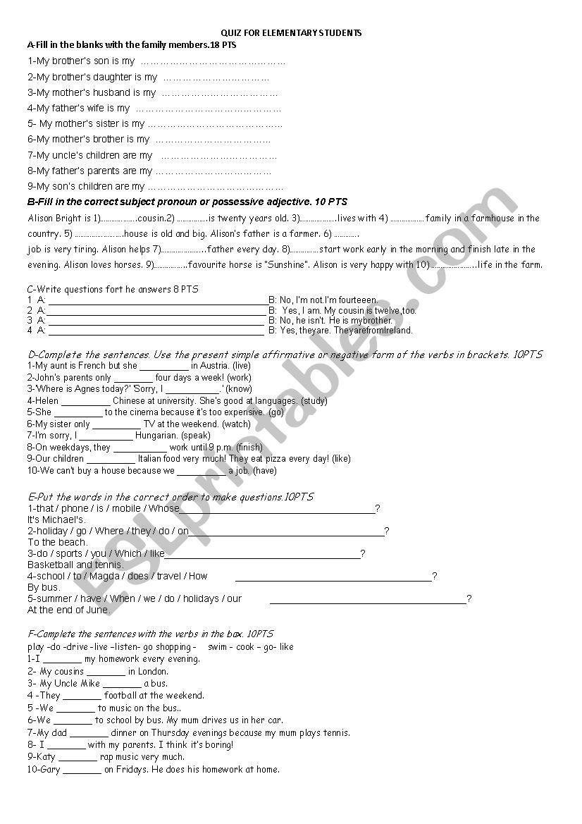 quiz for elementary students worksheet