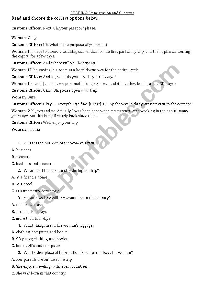 Immigration & Customs worksheet