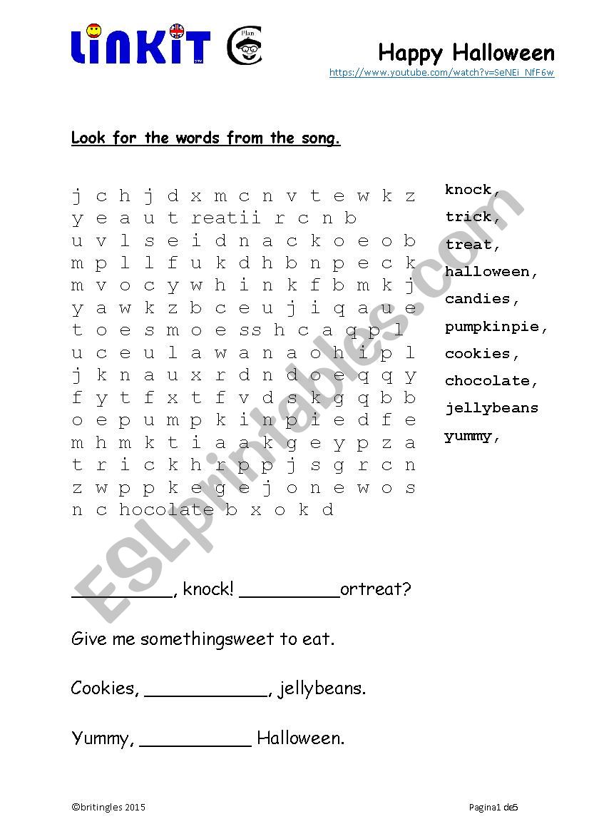 Happy Halloween Word search, song and writing practice 