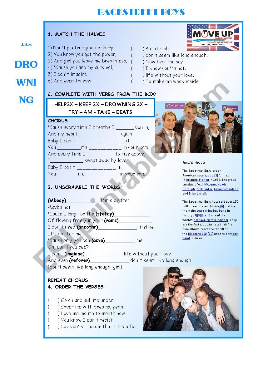 Backstreet boys  Drowning worksheet