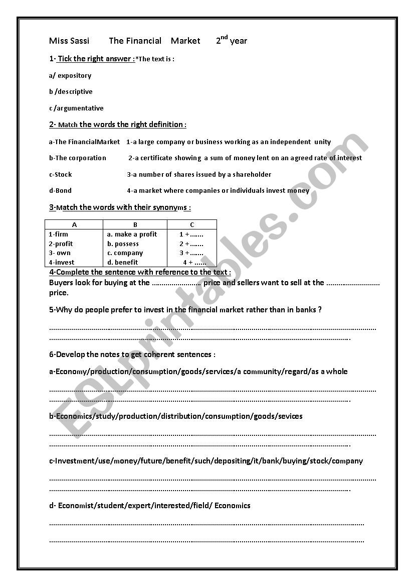 The Financial Market worksheet