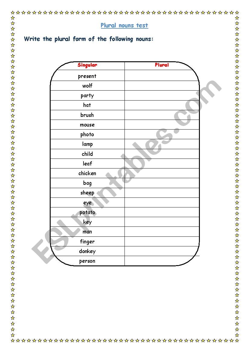 Plurals - test worksheet