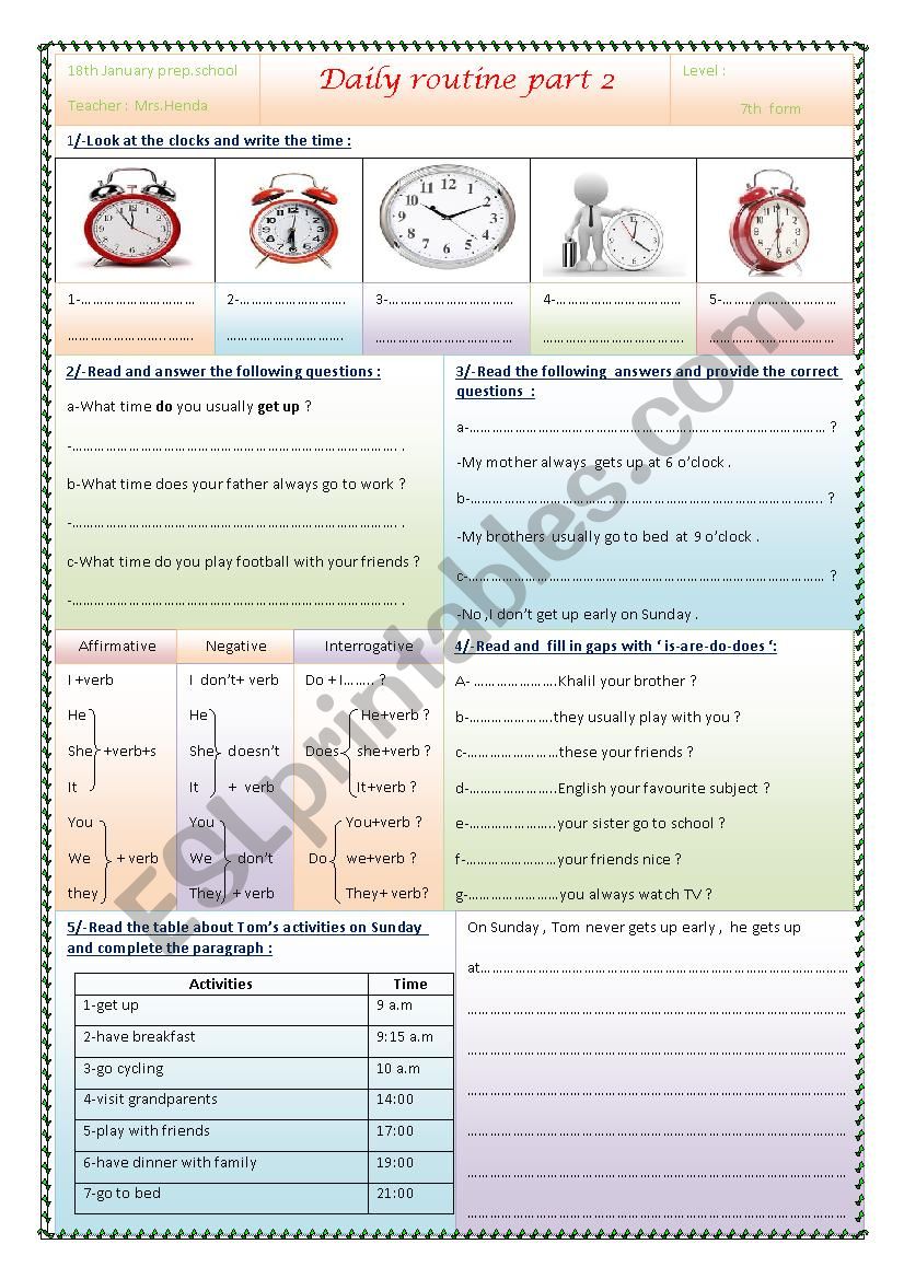 daily routine 7th f part 2 worksheet