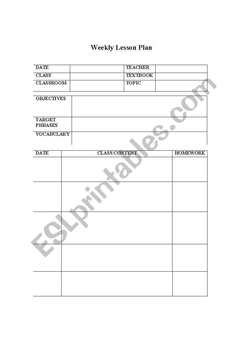 Weekly Lesson Plan worksheet