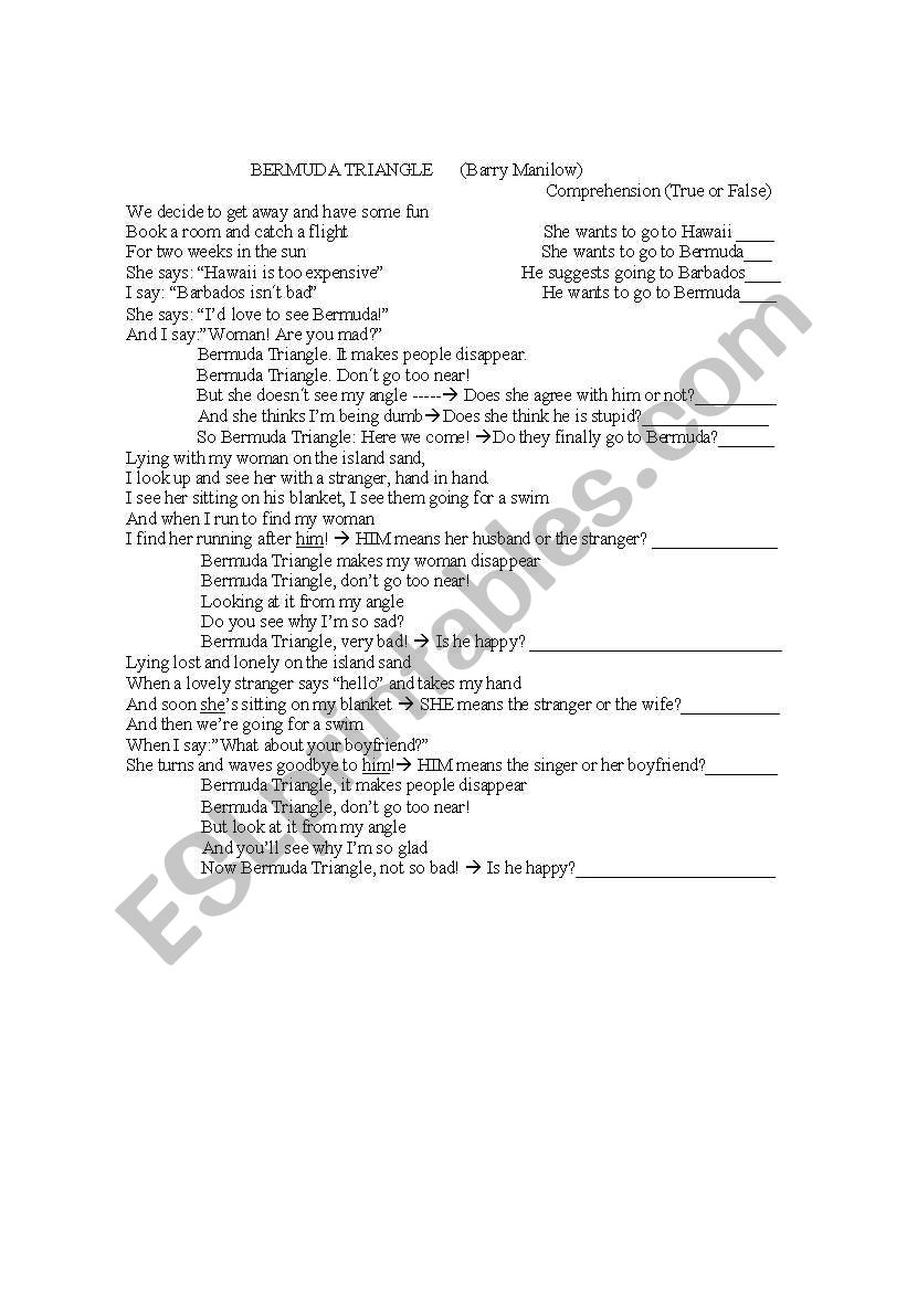 Bermuda Triangle (song) worksheet