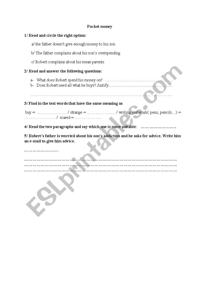 pocket money worksheet