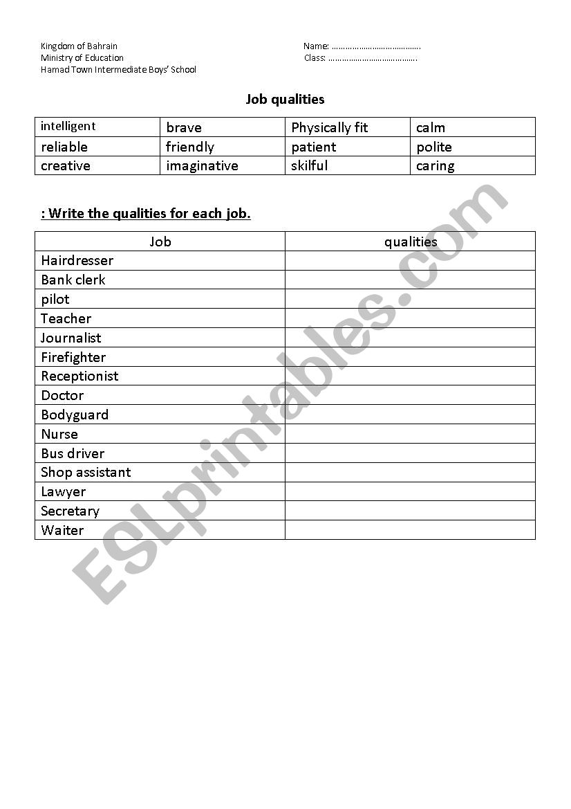 jobs qualities worksheet