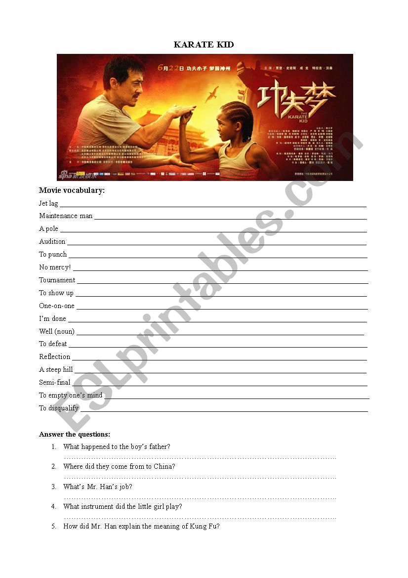 Karate Kid movie worksheet worksheet