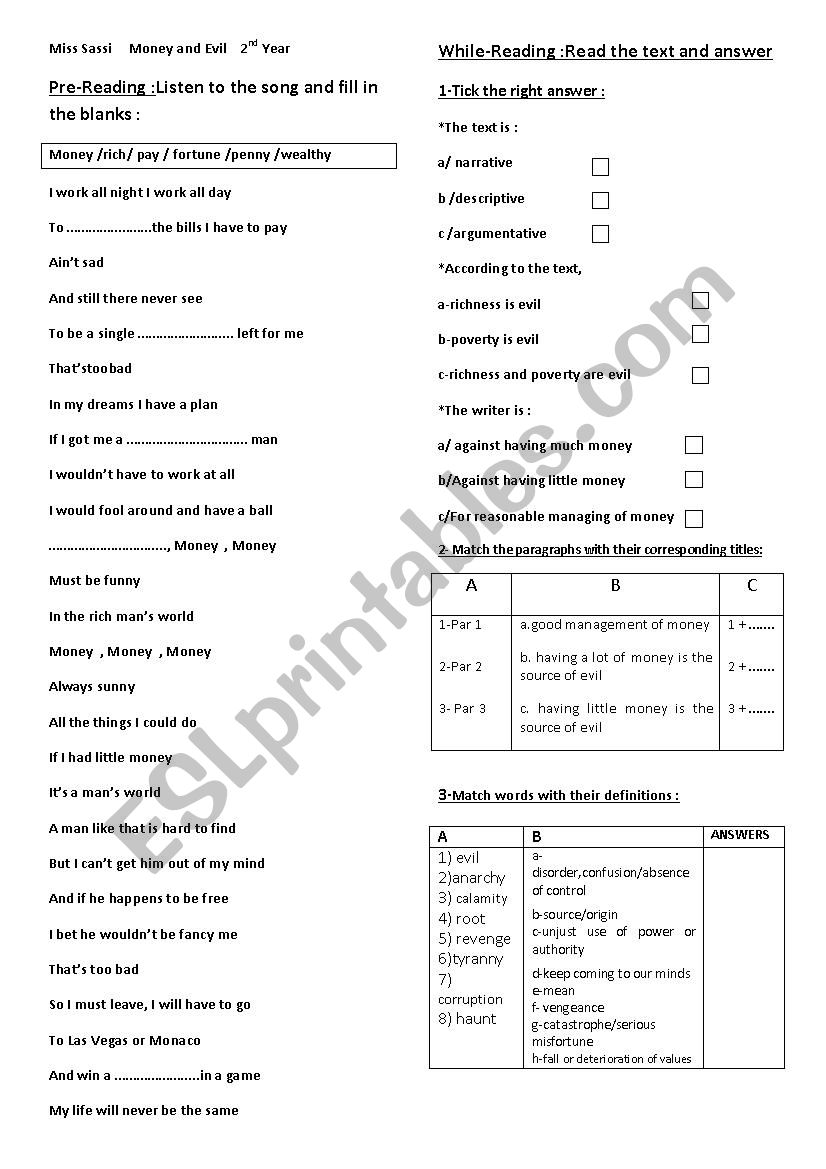 Money and Evil worksheet