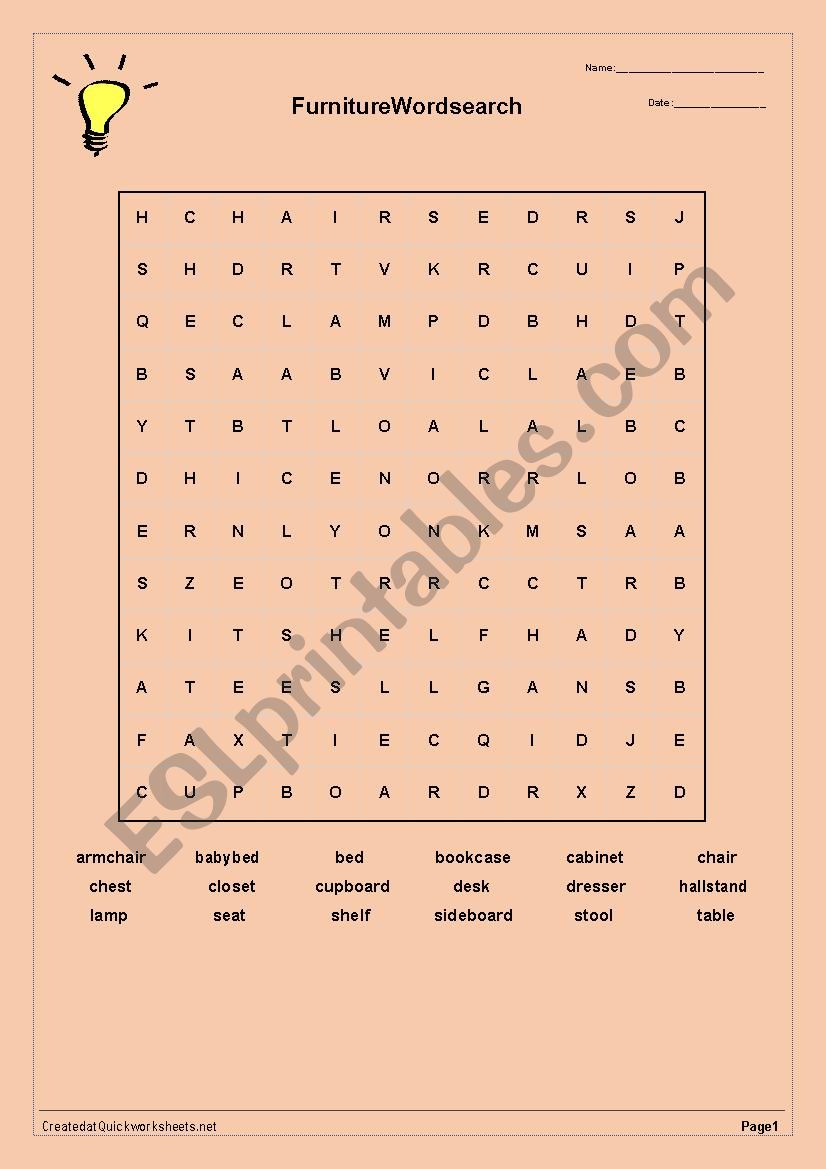 Find the words - FURNITURE worksheet