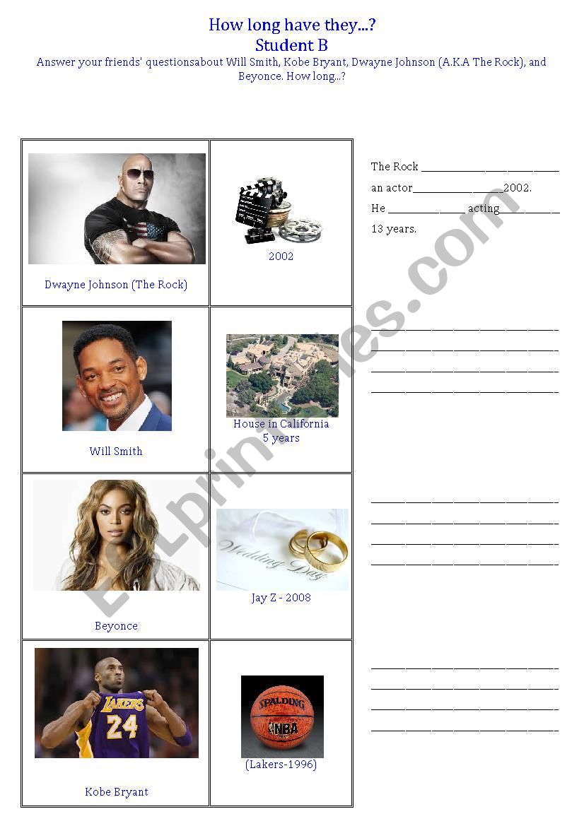 Pair/groupwork present perfect for/since,celebrities,interaction,communication 