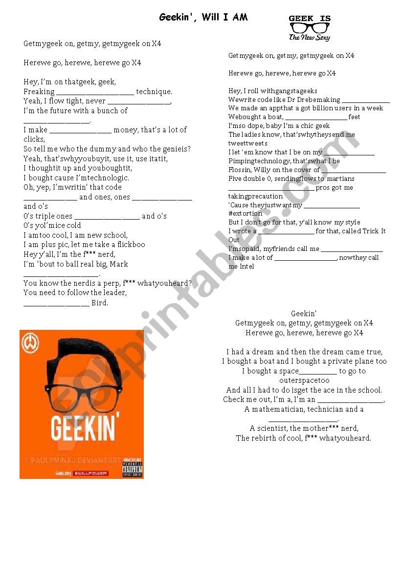 Song Geekin by Will I am worksheet