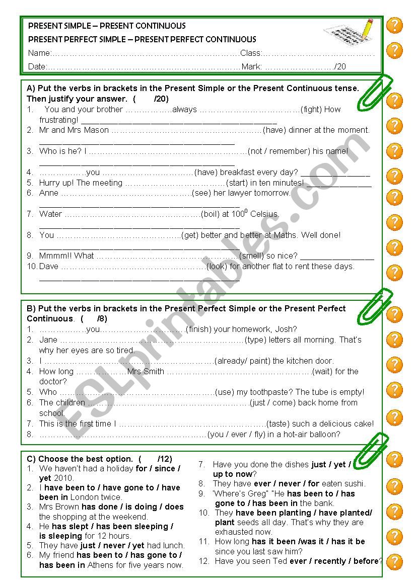 Present Simple - Present Continuous - Present Perfect Simple - Present Perfect ContinuousTEST