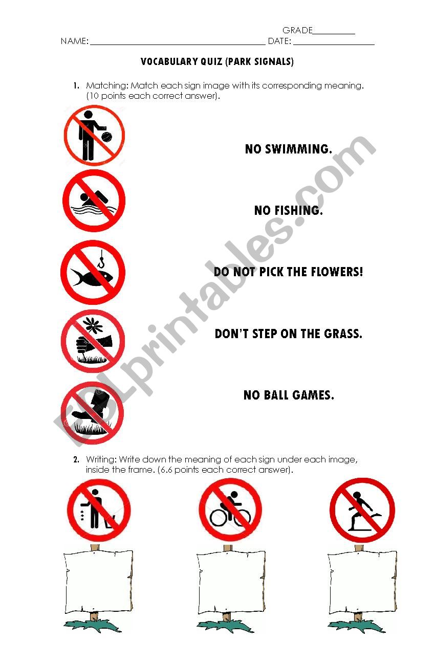 Park signs quiz worksheet