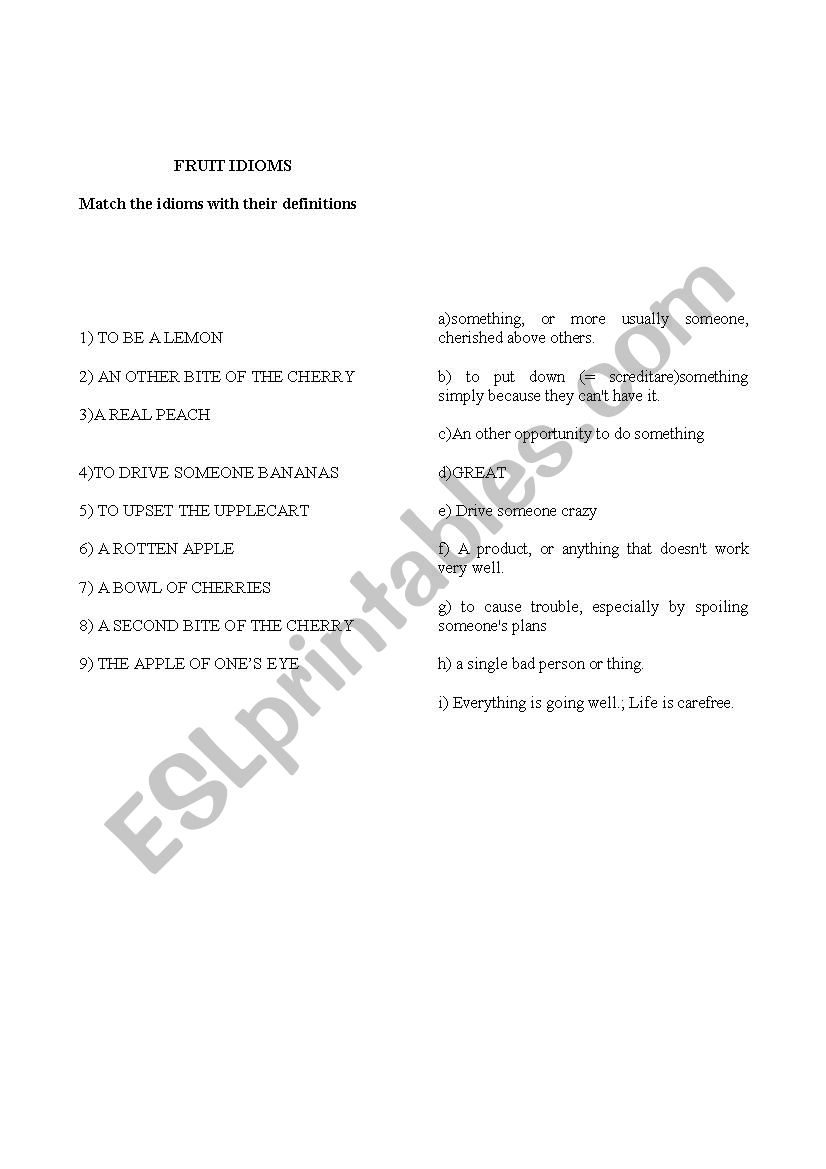 Fruit Idioms (matching) worksheet