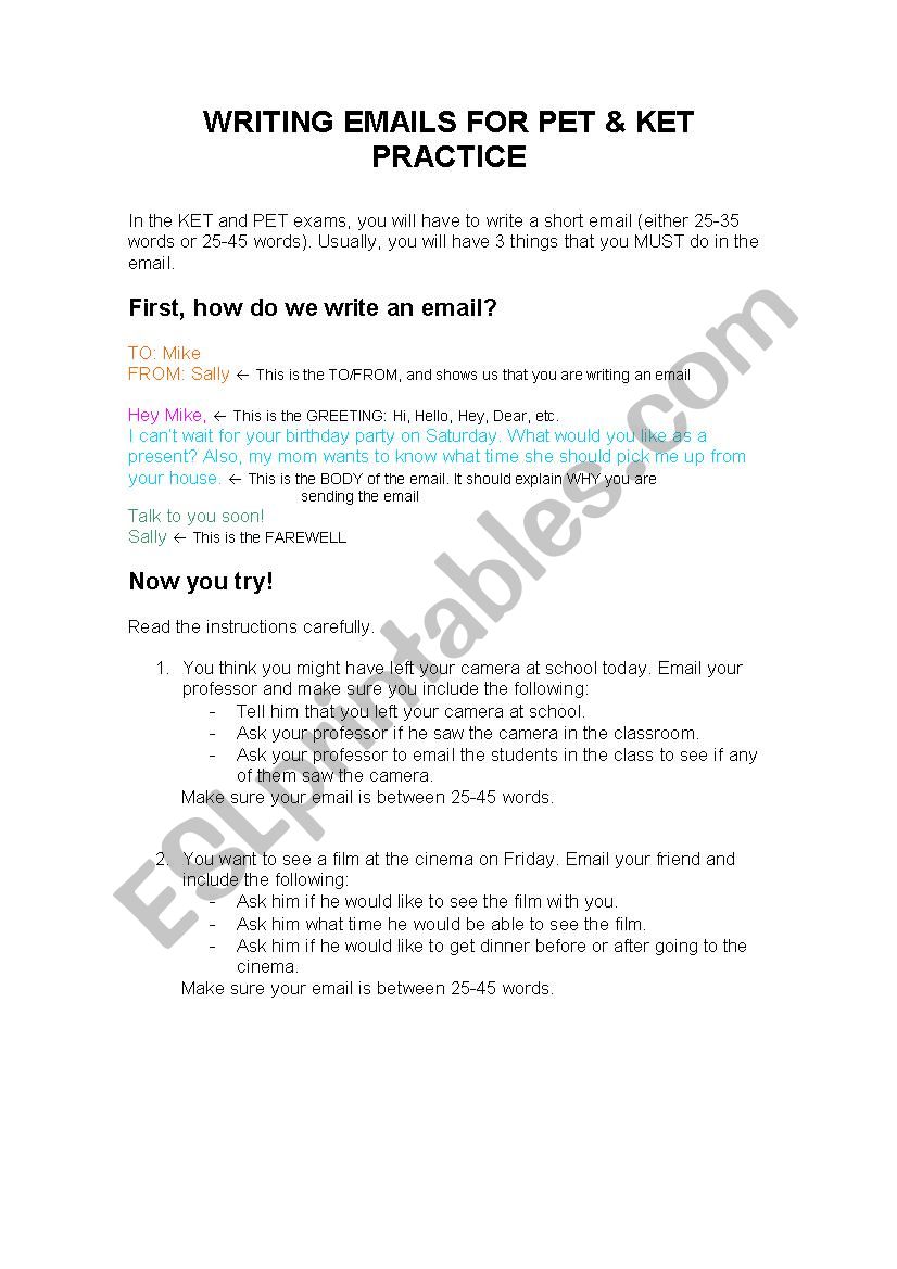 Email Writing Practice (KET or PET) - ESL worksheet by creeyore