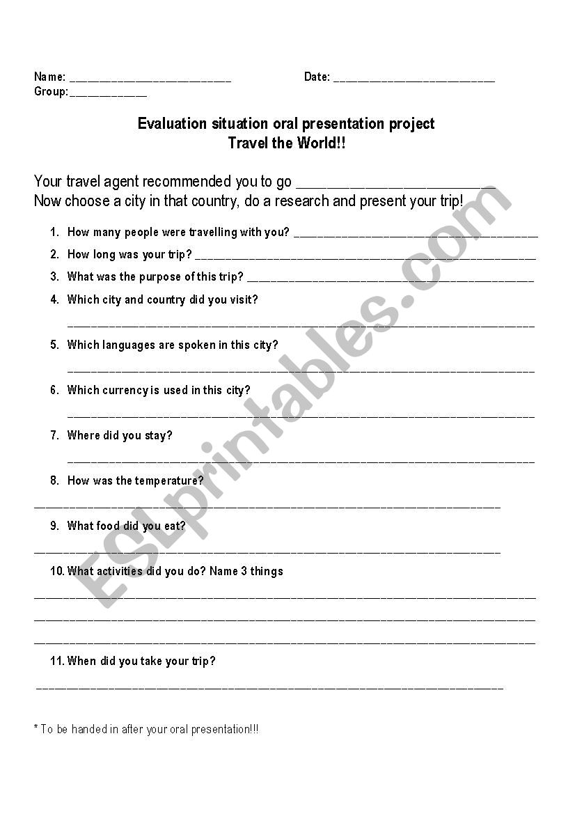 Travel the World oral presentation sheet