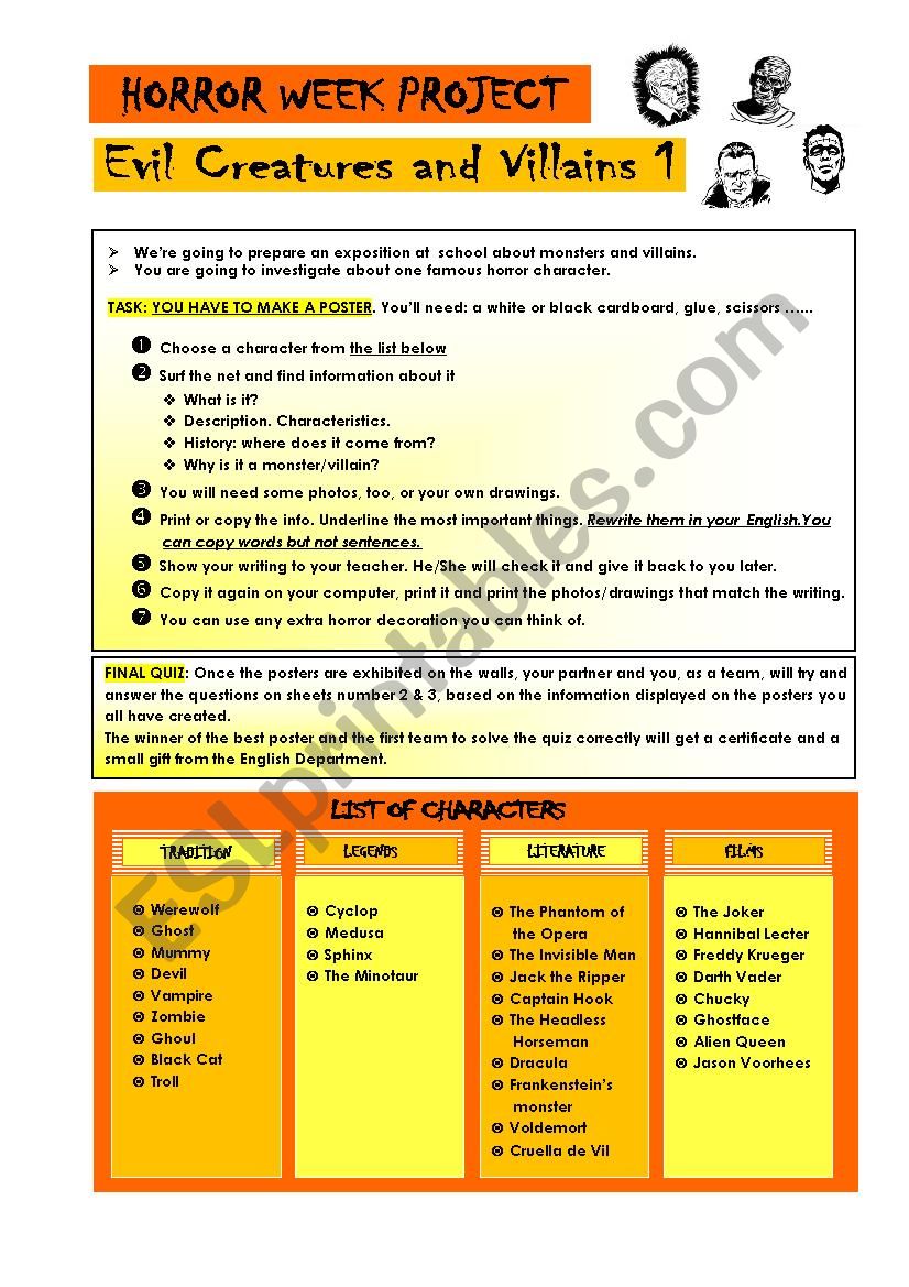 THE HORROR WEEK PROJECT worksheet