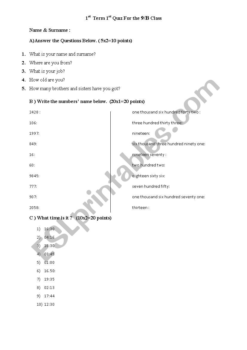 quiz for the 9th classroom  worksheet
